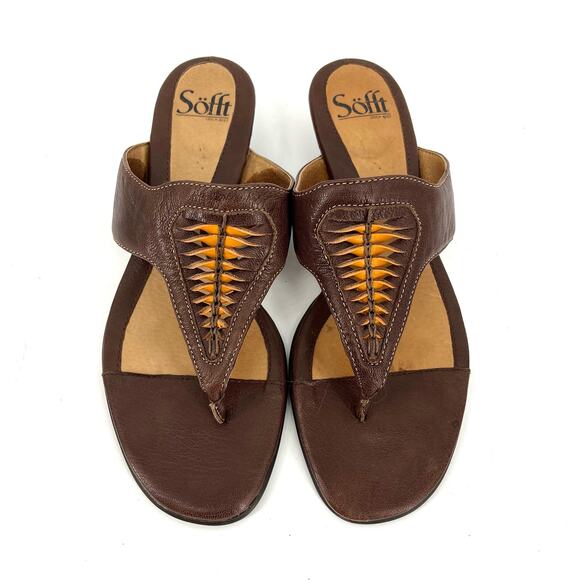 SOFFT Women’s Bella Chocolate Brown Tan Leather Thong Demi Wedge Sandals (8) - Picture 3 of 7